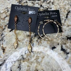 NWT 2 Ophelia Roe Gold and Brown Dangle Hoops Earrings 2pc Set